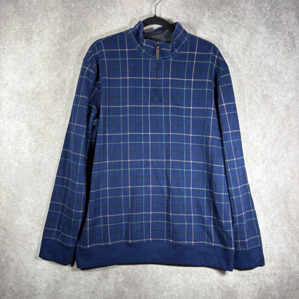 Lands' End Pullover Mens XL Blue Plaid Quarter Zip Cotton Blend Casual Preppy